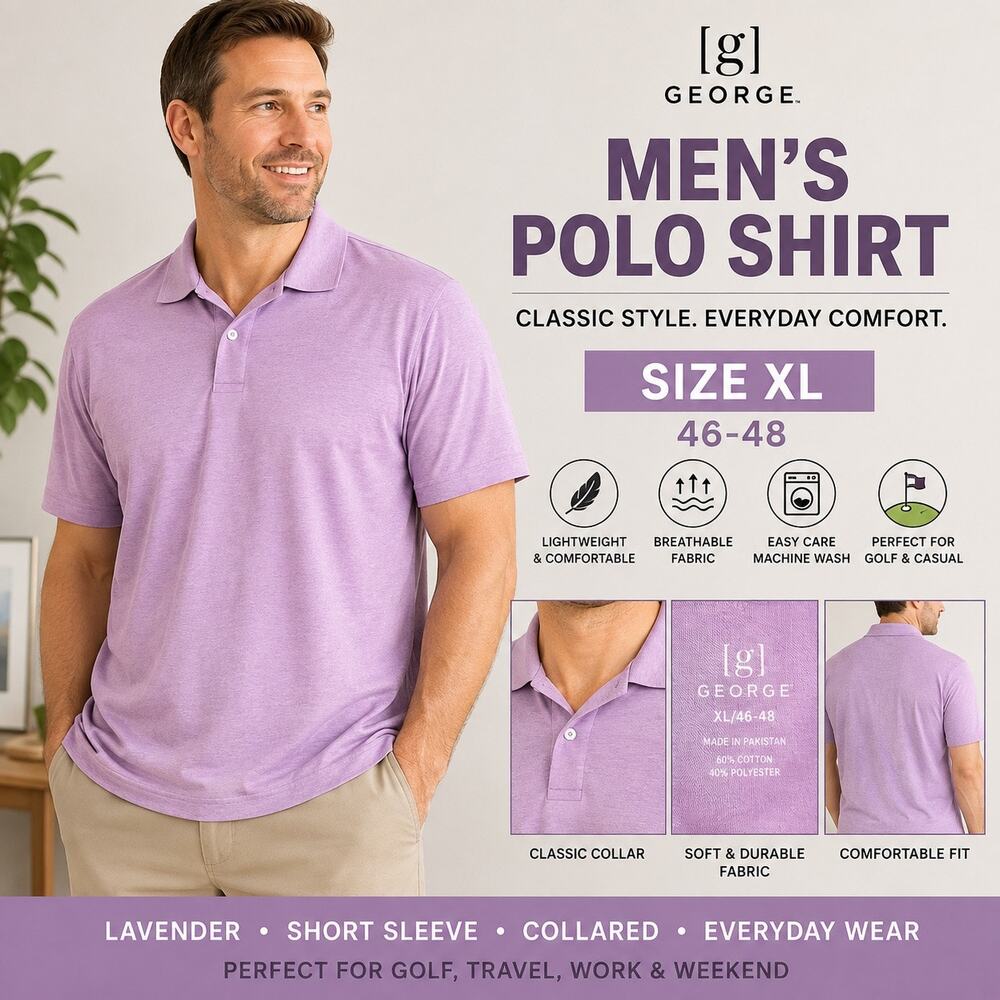 George Mens Polo Shirt Lavender Purple Short Sleeve Collared Golf Casual XL